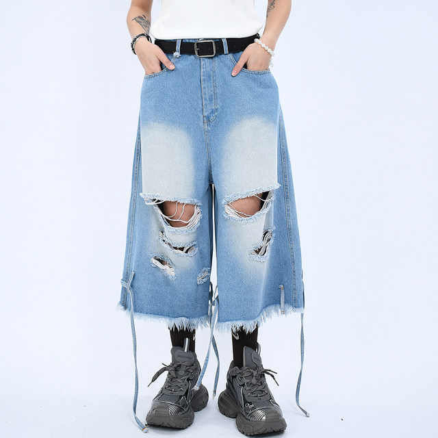 OV original summer high street American style ripped wool jeans loose straps for men and women design cropped pants