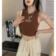 Hot girls wear black sports embroidered suspender vest for women in summer short knitted bottom sleeveless top
