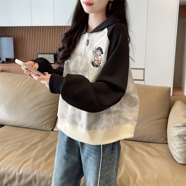 Early spring clothing polo collar sweatshirt for women in spring and autumn Korean loose large size thin tie-dye contrast raglan sleeve top jacket