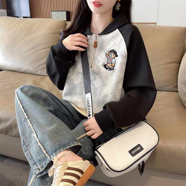 Early spring clothing polo collar sweatshirt for women in spring and autumn Korean loose large size thin tie-dye contrast raglan sleeve top jacket