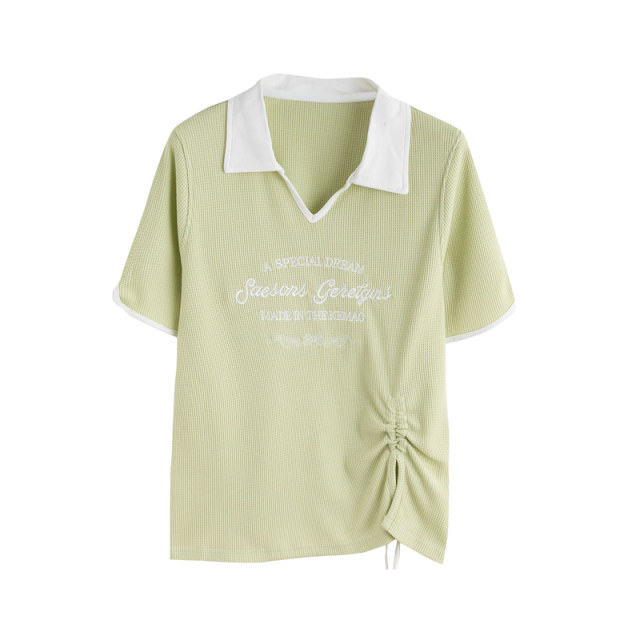 Ringling POLO shirt short -sleeved T -shirt women's summer Korean version loose large size women's contrasting color irregular split shirt
