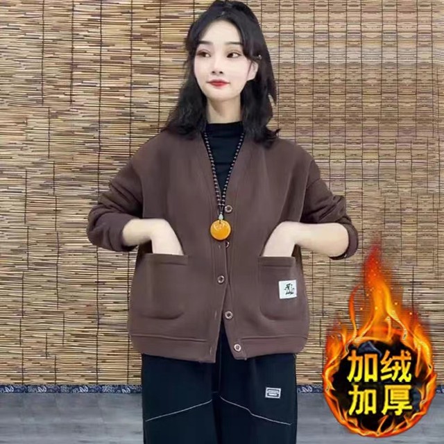 Fashionable and fashionable plush plush thick short jacket large size mother suit loose slim cardigan sweater pure cotton women's cotton clothing
