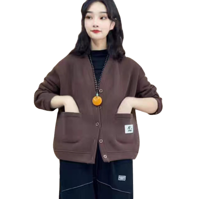 Fashionable and fashionable plush plush thick short jacket large size mother suit loose slim cardigan sweater pure cotton women's cotton clothing
