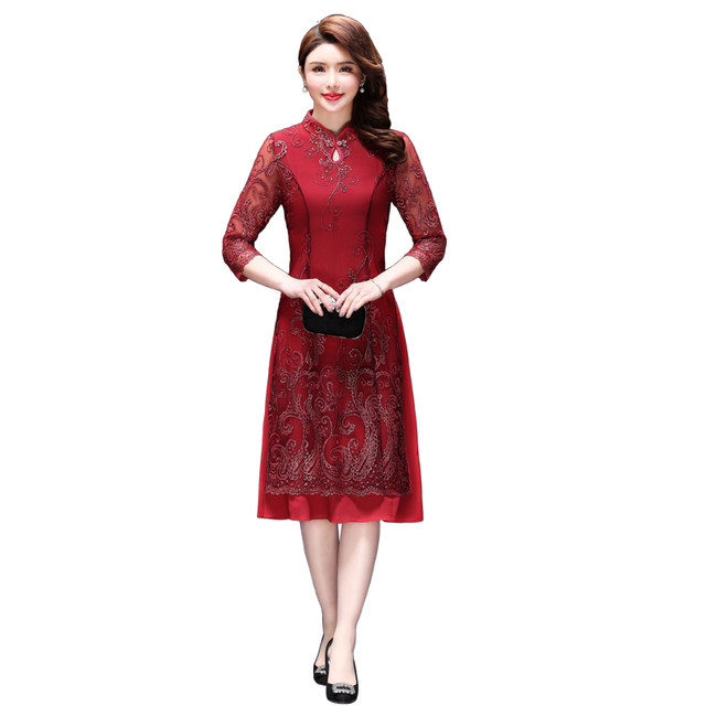 Shanifen 2025 new autumn lace embroidery middle-aged festive red wedding dress mother's dress
