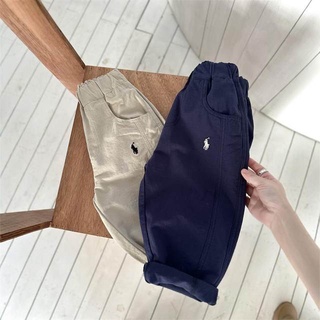 2025 spring new children's pants for boys and girls solid color embroidered carrot pants baby elastic waist trendy casual pants