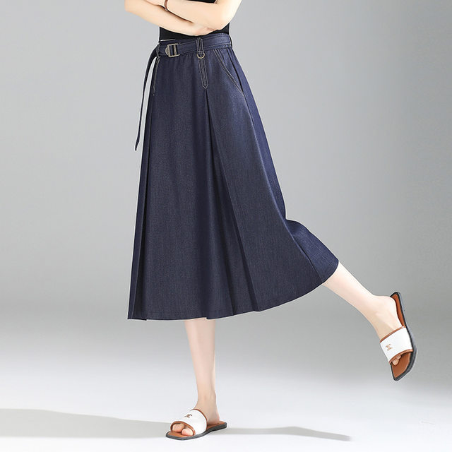 High-waisted casual lace-up denim A-line skirt mid-length skirt 2025 spring and summer fashionable versatile slim skirt
