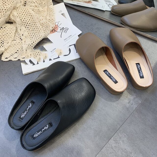 Dongdaemun, South Korea, large size sandals for women, half-support single shoes, flat soft leather shoes, lazy toe-toe Mule half-slippers
