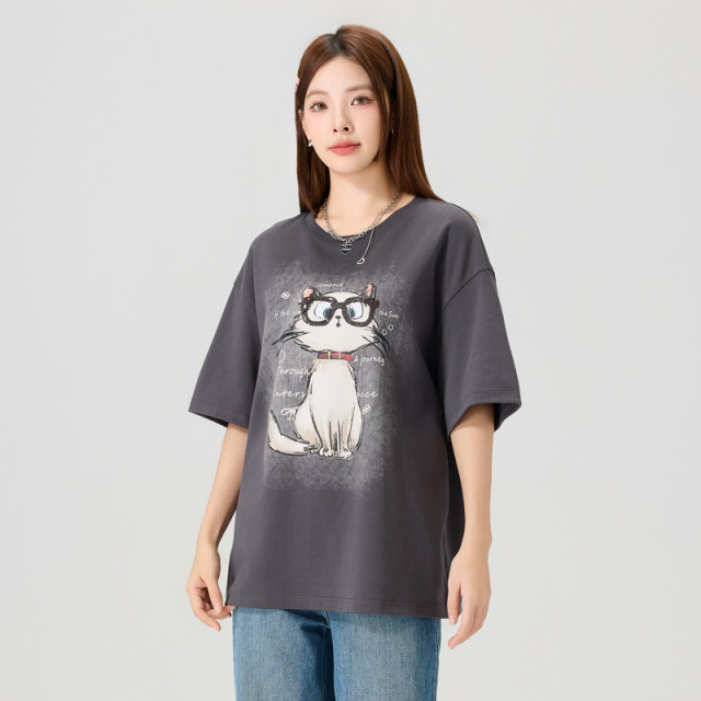 Quick Fish Loose Short Sleeve T-shirt for Women 2025 Summer New versatile and fun cartoon print comfortable shoulder-falling top