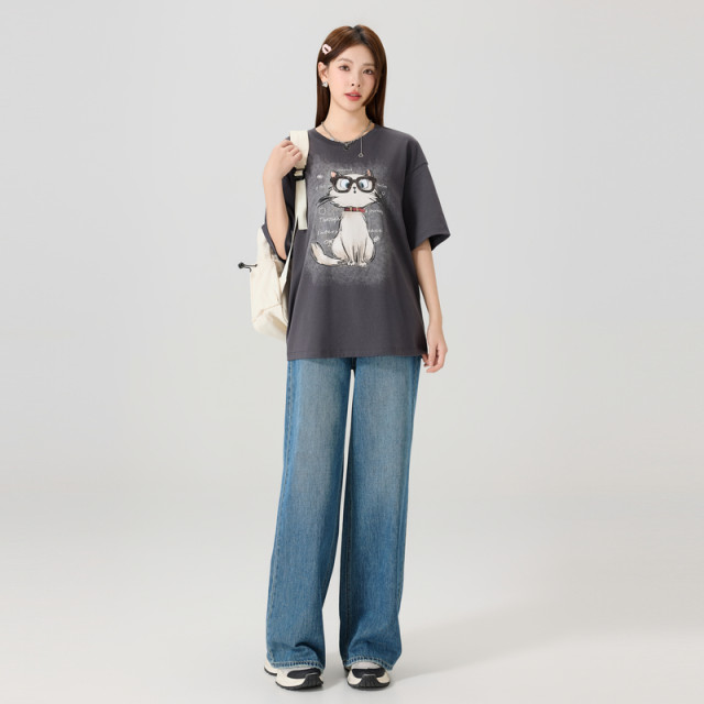 Quick Fish Loose Short Sleeve T-shirt for Women 2025 Summer New versatile and fun cartoon print comfortable shoulder-falling top