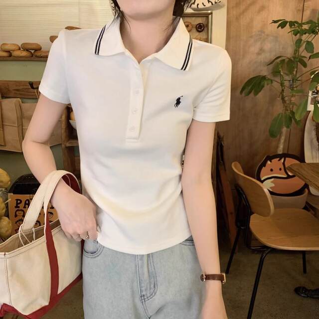 Small fragrance style white polo neck short-sleeved T-shirt for women in summer 2025 new design niche slim shoulder top