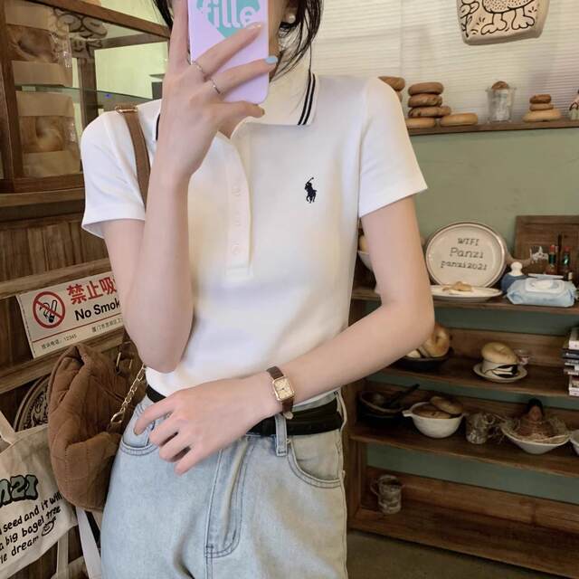 Small fragrance style white polo neck short-sleeved T-shirt for women in summer 2025 new design niche slim shoulder top