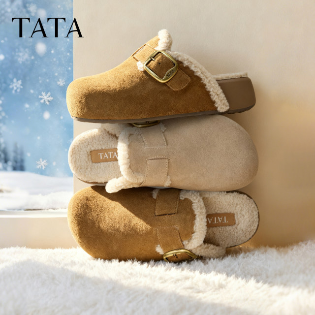 TATA Women's Shoes 2025 Velvet Birkenstock Shoes Outerwear Baotou Thick-soled Single Shoes Casual Shoes Slippers 4UL01CH5