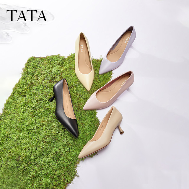 TATA he and her beige high heels women's cat heels versatile commuter single shoes women's work shoes 2025 new 7QT13AQ5