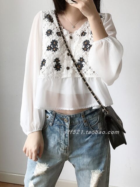 2021 lantern sleeve chiffon stitching female knitted hook flowers hollow cardigan spring and summer embroidered small blouse shawl