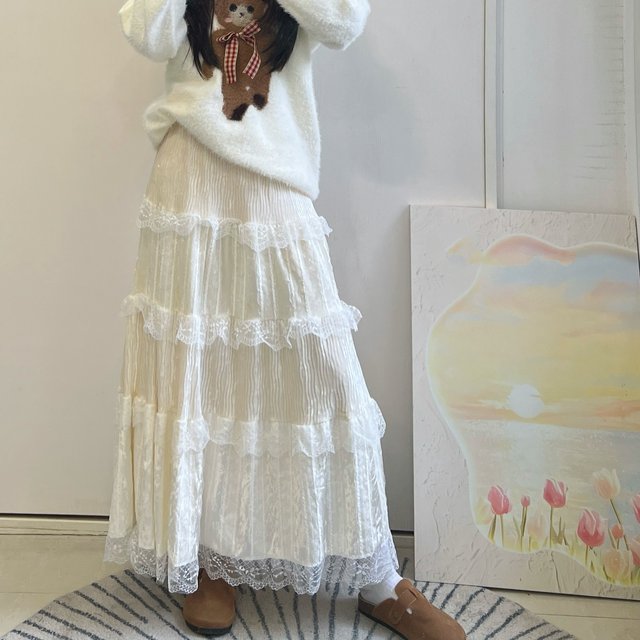 French sweet velvet lace cake skirt for women in autumn and winter sweet high waist a-line skirt skirt midi skirt