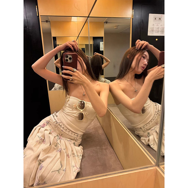 PlaceOrder retro illustration floral pleated skirt for women in summer low waist slim and versatile A-line skirt mid-skirt