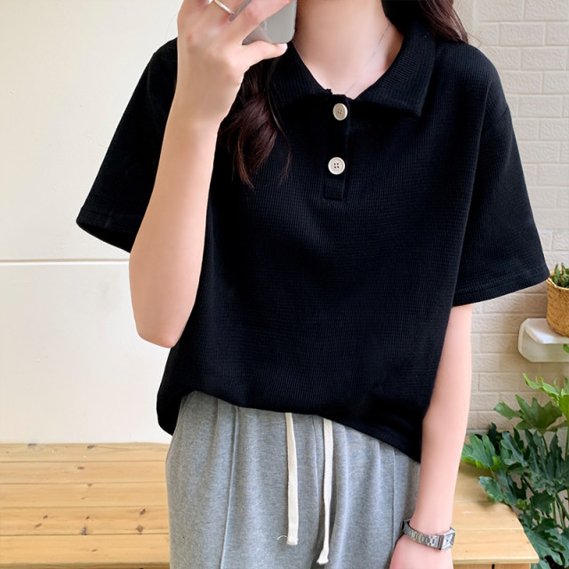 Waffle front shoulder polo shirt short-sleeved T-shirt for women loose chic Hong Kong style design niche student half-sleeved top