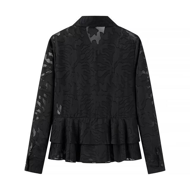 AliExpress 2025 summer cross-border European and American women's clothing black flower cut lotus leaf long sleeve shirt top for women
