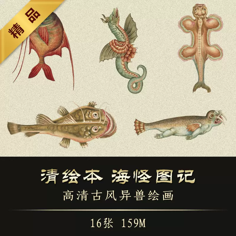 清绘本海怪图记手绘古风幻想海洋生物美术临摹资料参考素材