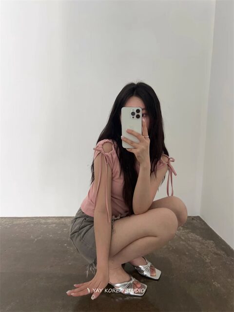 Exclusive type Korean personalized design shoulder hollow strap slim short short sleeve T-shirt