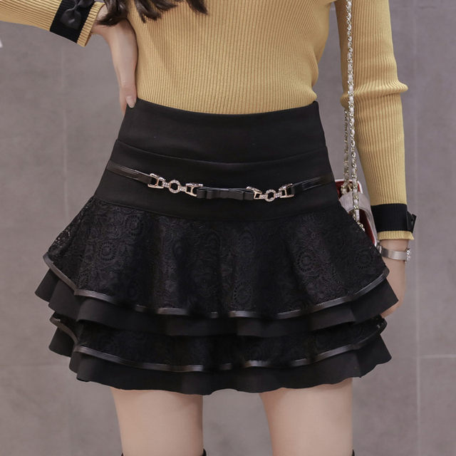 Lace cake skirt pleated short skirt for women in spring and summer new high-waisted slim large size versatile A-line puffy skirt