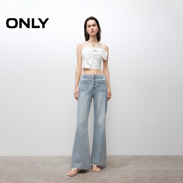 ONLY2025 summer new comfortable Tennis fabric loose slim high waist bell-bottom trousers jeans women