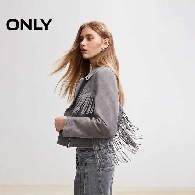 
ONLY2025 summer new wave motorcycle style design straight tassel short large lapel long sleeve leather jacket for women