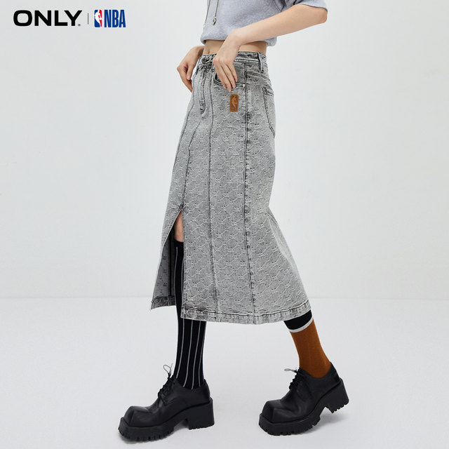 ONLY summer NBA joint high -waisted high -waisted mid -long split denim skirt female 123337021
