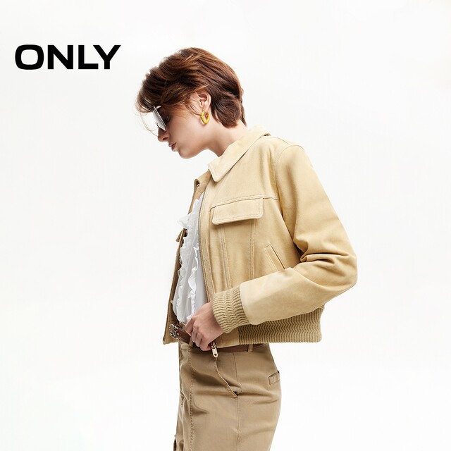 ONLY winter trendy design touch pocket lapel front shoulder leather jacket for women 124410004