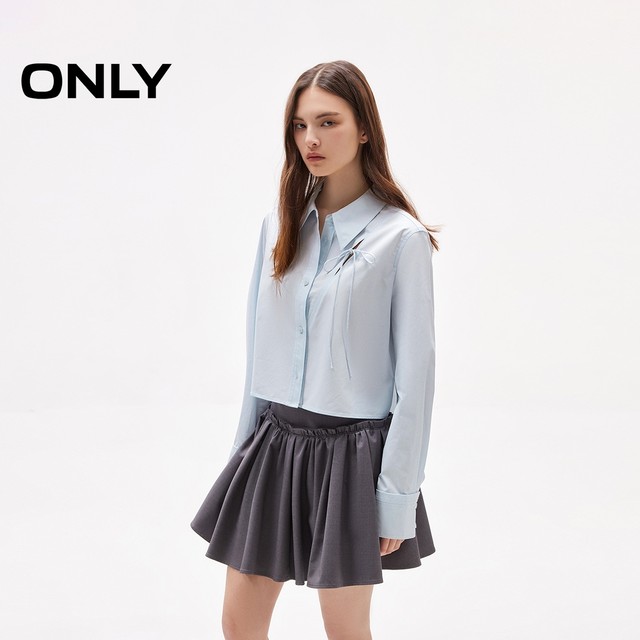 ONLY2025 summer new lace-up bow solid color straight shoulder straight slim lapel long sleeve short shirt for women