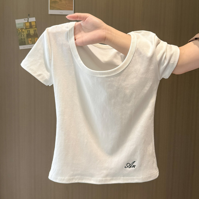 White U-neck, straight shoulder short-sleeved T-shirt for women in summer slim Korean style for inner wear short base shirt embroidered top