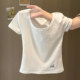 White U-neck, straight shoulder short-sleeved T-shirt for women in summer slim Korean style for inner wear short base shirt embroidered top