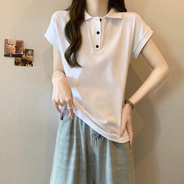 Summer 2025 new lapel POLO shirt short-sleeved T-shirt for women in summer Korean style slim cotton rag-sleeved top trendy