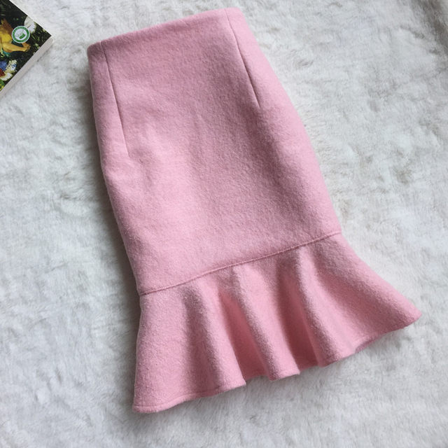 2024 autumn and winter Korean version of wool woolen woolen ruffled high -waisted hip -hip A -line fishtail skirt zipper solid color skirt
