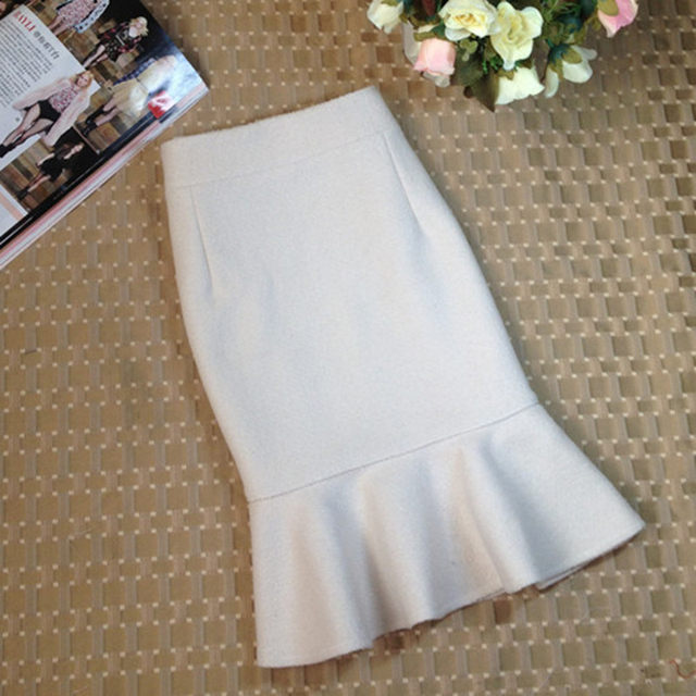 2024 autumn and winter Korean version of wool woolen woolen ruffled high -waisted hip -hip A -line fishtail skirt zipper solid color skirt
