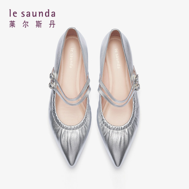 Lairsdan new fashionable silver sheepskin pointed toe flat-sole Mary Jane single shoes for women 12420