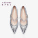 Lairsdan new fashionable silver sheepskin pointed toe flat-sole Mary Jane single shoes for women 12420