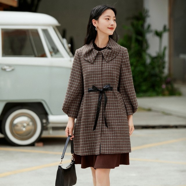 Jonita brand women's clothing 2025 spring and autumn new Korean style fashionable sweet mid-length lace-up waist plaid jacket