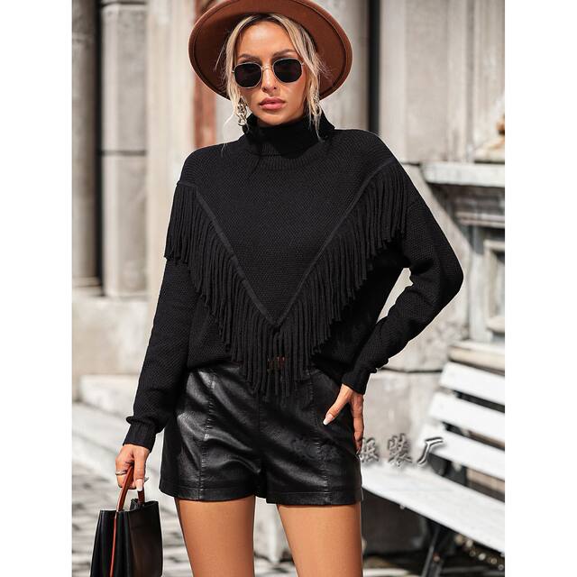 2023 Autumn and Winter Amazon New European and American Clothing Loose Tassel Sweaters Knitwear Turtleneck Sweaters for Women