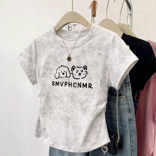 White tie-dyed front shoulder pure cotton short-sleeved T-shirt for women 2025 new summer pure waist-pinching short top