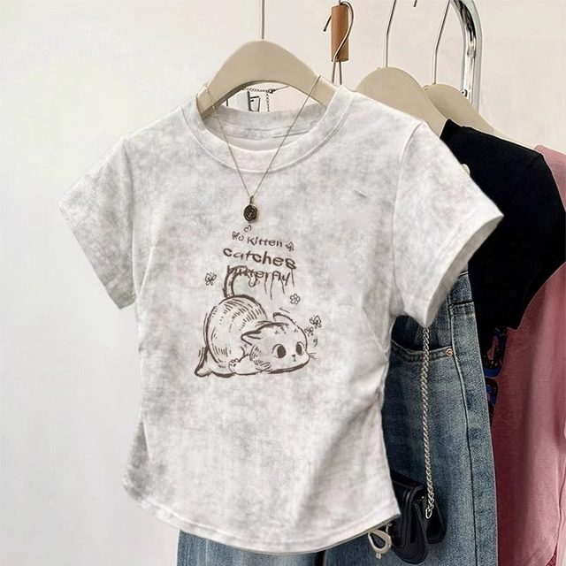 White tie-dyed front shoulder pure cotton short-sleeved T-shirt for women 2025 new summer pure waist-pinching short top