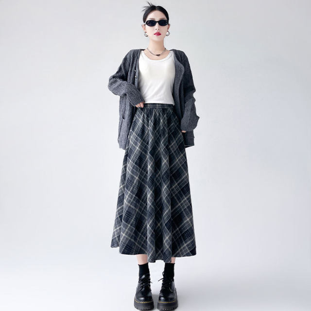 Plaid skirt Female autumn and winter American high -waisted retro mid -length skirt long skirt big plaid small umbrella skirt
