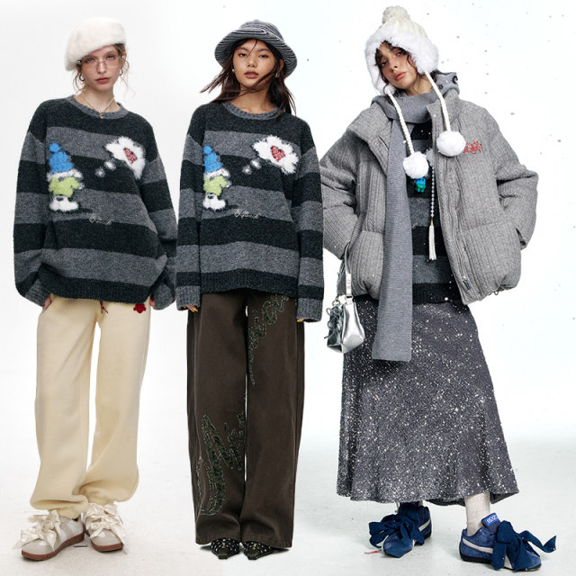 Fairy's pocket original snowman striped lazy thick sweater for women 2024 winter new style design wool knitted top