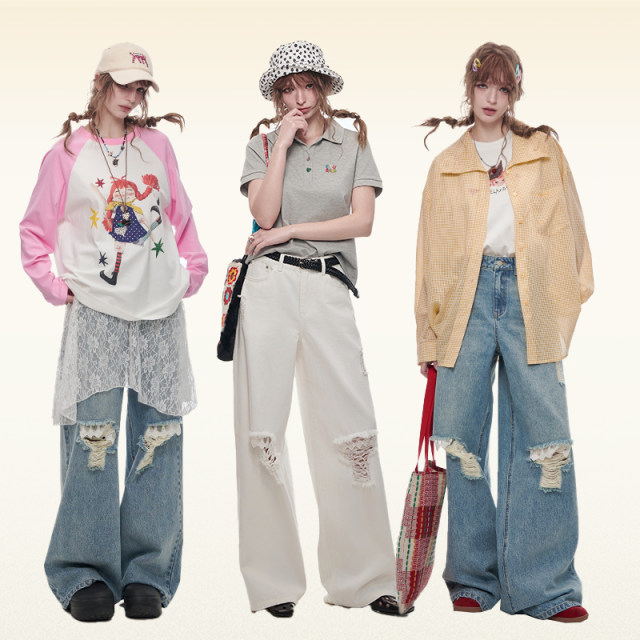 Fairy's pocket ripped loose jeans for women 2025 spring new slim and fashionable wide-leg pants scimitar pants