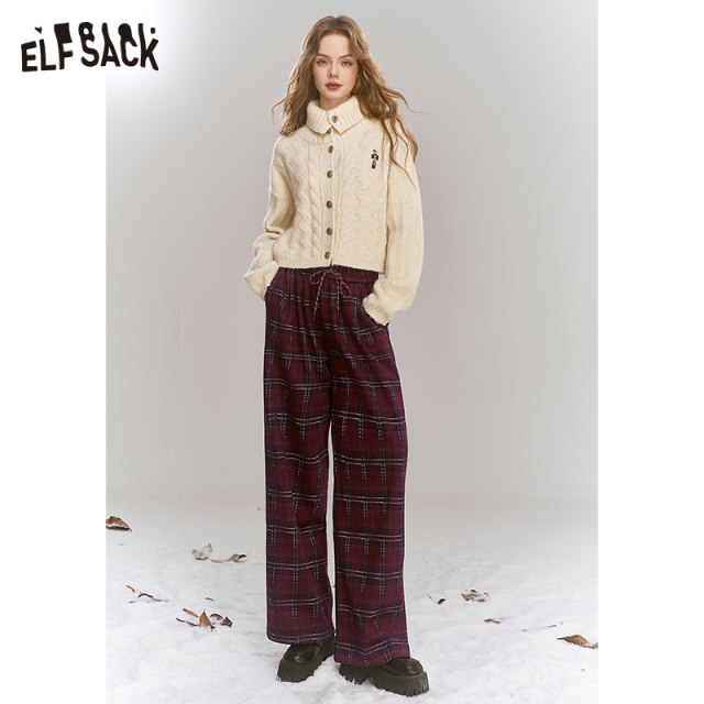 Fairy's Pocket Retro Plaid Straight Velvet Pants Women's 2024 Winter New Loose Drawstring Wide Leg Pants