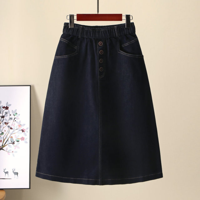 
Blue denim skirt for women mid-length 2025 summer thin elastic high waist breasted A-line loose and thin
