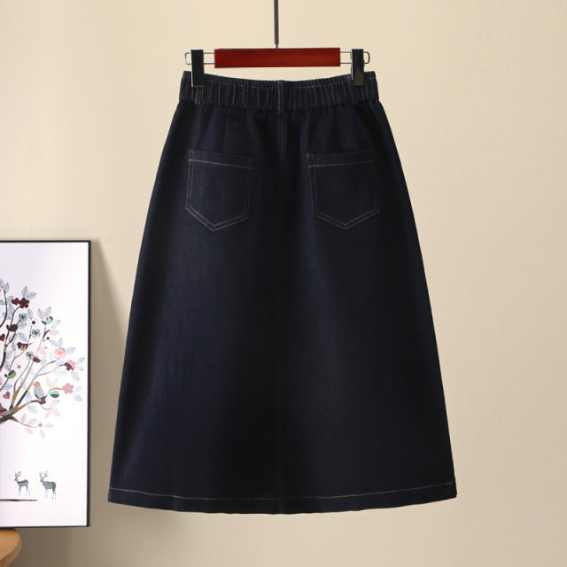 
Blue denim skirt for women mid-length 2025 summer thin elastic high waist breasted A-line loose and thin
