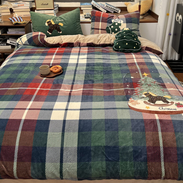 Moonlight Bus Christmas Pony Autumn and Winter Milk Velvet Bed Three or Four Piece Set Thickened Warm Coral Velvet Sheets and Fitted Sheets