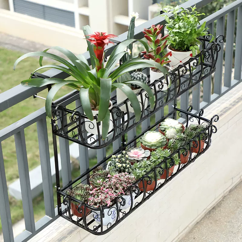 新款铁艺栏杆护栏悬挂花架双层花盆架壁挂盆栽多肉花架子阳台