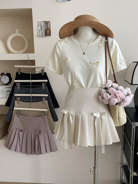 American retro sweet bow pleated suit short skirt Female spring and summer college